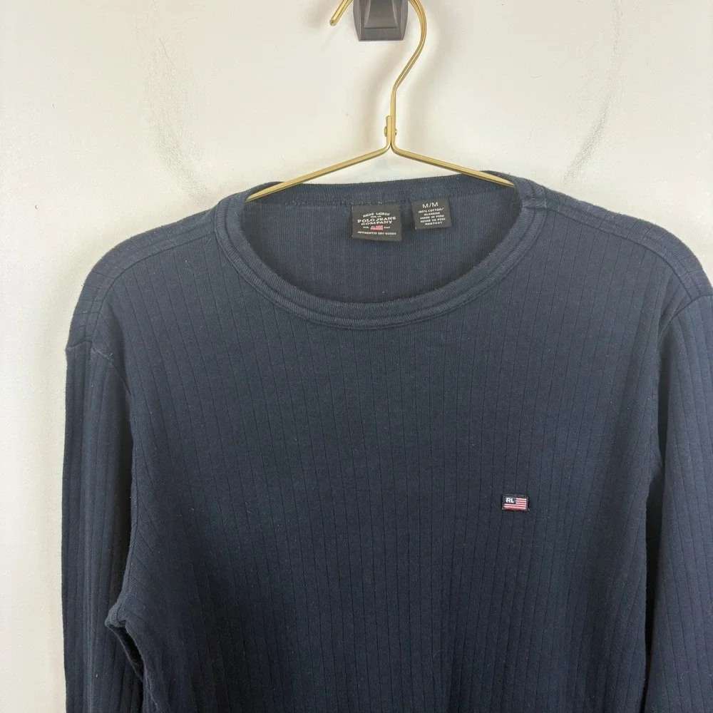Vintage Y2K Polo Ralph Lauren Cotton Basic Blue Ribbed Long Sleeve‎ Shirt Sz M